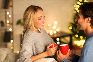 Loving couple drinking tea in front of Christmas tree