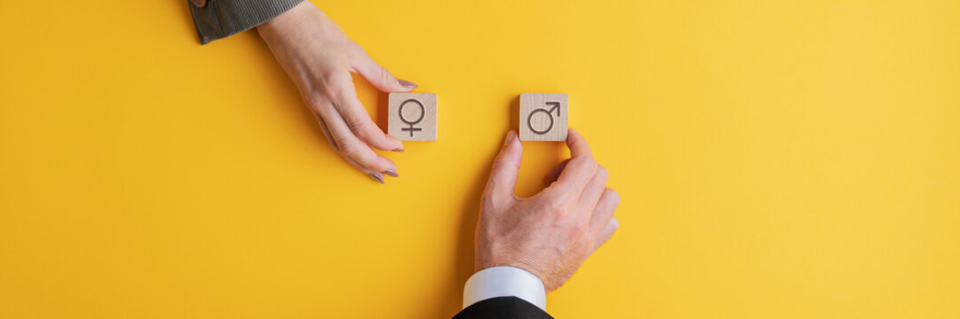 Male and female hand holding wooden blocks with male and female symbols