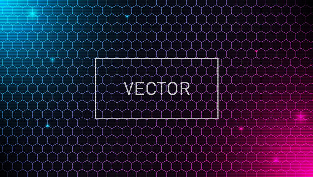Hexagonal grid background with pink and blue glows. Geometric pattern. VHS effect. Design for banner. Eps 10