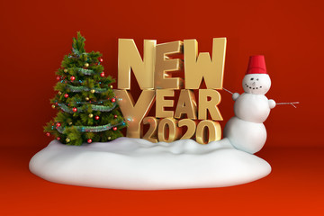 new year 2020 Christmas tree background on snow podium 3d render on red gradient