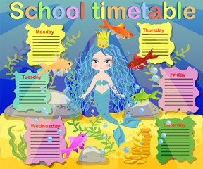 School timetable template for poster, note, book, memorypad with mermaid theme illustration