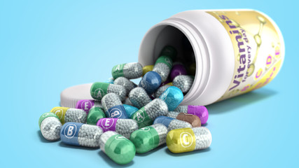 vitamins spilled out of the can 3d render on blue gradient