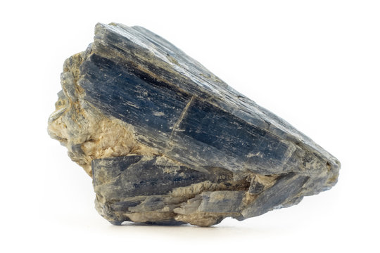 Rock of cyanite mineral from Brazil isolated on a pure white background.