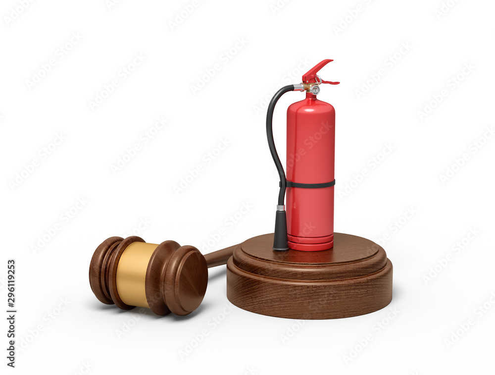 Poster 3d rendering of red fire extinguisher standing on sounding block with gavel lying beside.