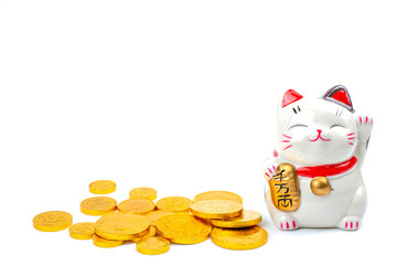Lucky cat statue for Japanese isolated on a white background, Holds a gold medal in Japanese that translates into prosperity and good fortune.