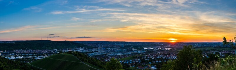 Germany, XXL landscape panorama over beautiful downtown stuttgart city houses and industry from...