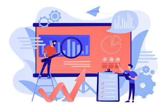 Workgroup Admit And Identify, Measure And Prioritize, Implement A Strategy. Risk Management Team, Risk Management Training And Objective Concept. Pinkish Coral Bluevector Isolated Illustration