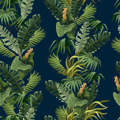 Fototapeta na wymiar Seamless pattern with jungle trees and flowers. Vector.