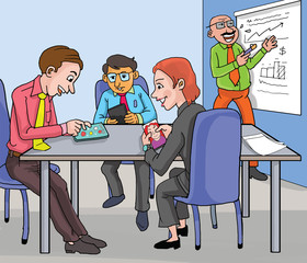 Staffs using smartphones at company meeting. Joke cartoon illustration