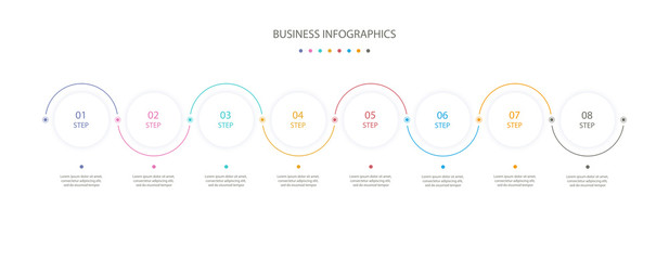 Circles infographics design template with 8 options or steps. Infographics for business concept, process diagram, presentation, workflow layout. Vector linear infographic element. Vector eps 10