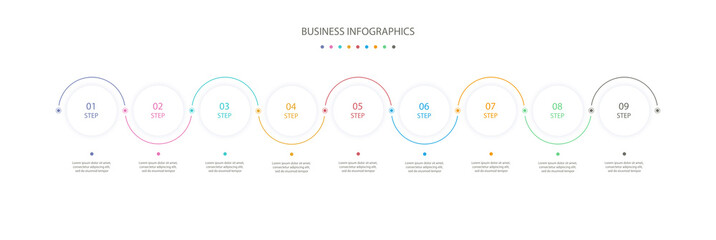 Circles infographics design template with 9 options or steps. Infographics for business concept, process diagram, presentation, workflow layout. Vector linear infographic element. Vector eps 10