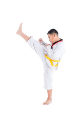 Young asian boy having taekwondo training ,one boy kicking over white background.