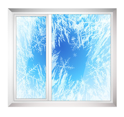 Frost pattern on Window. Frozen window in winter (vector ice crystals) with snowflakes