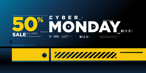 Cyber monday sale 50% banner on modern blue background. Cyber Monday promotion poster, flyer, banner, website, story, and social media template.