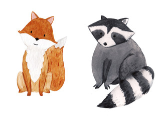 Cute watercolor baby raccoon and fox illustration for children print