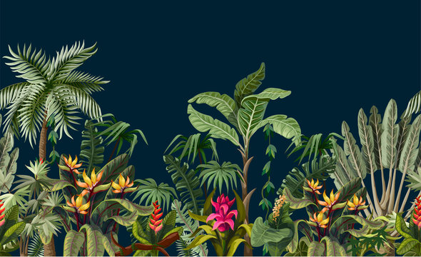 Seamless border with jungle trees and flowers. Vector.