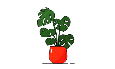 Monstera house plant vector illustration. Flat design indoor plant monstera in orange pot. Isolated on white. Interior concept, lifestyle, botany concept.