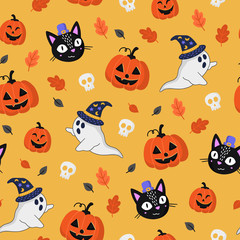 Halloween seamless pattern with cute ghosts, pumpkins and black cats on yellow background.