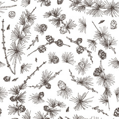 Seamless pattern ink hand drawn sketch of larch branches with pinecones isolated on white background Good idea for vintage Merry christmas card, new year conifer tree pattern or decorative design.