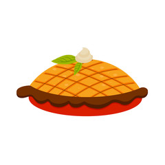 Pie flat vector illustration. Tasty cake. Delicious pastry, traditional pie. Baked dessert, orange tart design element.