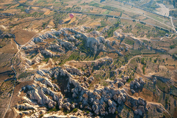Aerial view of the rocks near G&ouml;reme, Open air UNESCO world heritage site Museum in Cappadocia, Turkey