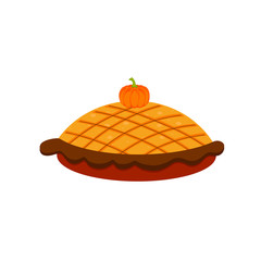 Pie flat vector illustration. Tasty cake. Delicious pastry, traditional pie. Baked dessert, orange tart design element.