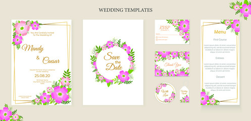 Set Floral Wedding Invitation Card Template Flower. Beautiful Wedding Card. Vector Illustration