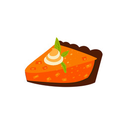 Pie piece flat vector illustration. Tasty cake slice. Delicious pastry, traditional american cheesecake. Baked dessert, orange tart design element.