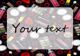 Black background with beauty products pattern and place for text