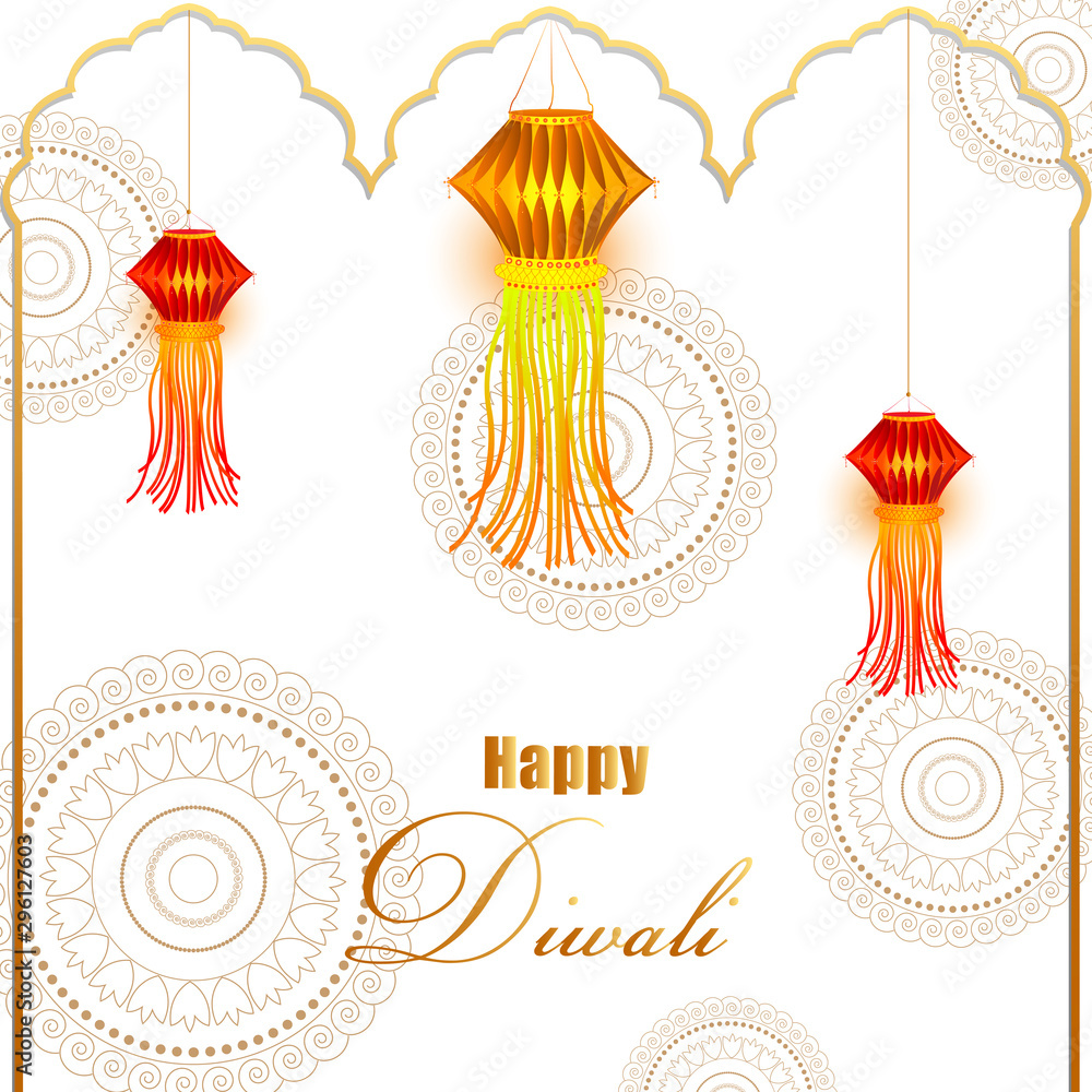 Wall mural vector illustration of Decorated hanging Kandil lantern for Happy Diwali festival holiday celebration of India greeting background