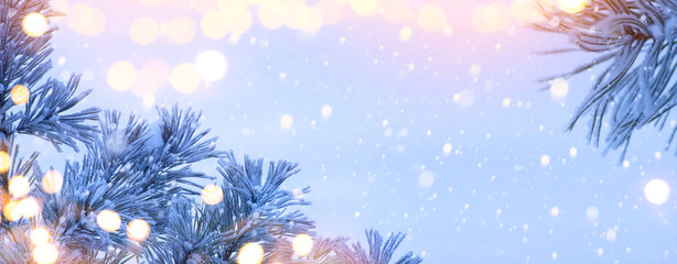 Fototapeta na wymiar Christmas Lantern. Christmas and New Year holidays background with Christmas Tree and holiday light, winter season