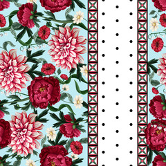 Seamless pattern with dahlia, peonies, wild flowers and geometrical elements. Vector.