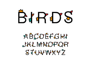 Birds hand drawn vector font type in cartoon comic style wing and beak
