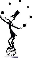 Equilibrist mustache man rides on the unicycle and juggles the balls illustration. Funny long mustache man in the top hat balances on the unicycle and juggles the balls black on white © bigmen