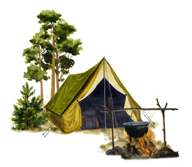 Picture of a campsite with a tent and a campfire hand drawn in watercolor isolated on a white background. Watercolor illustration