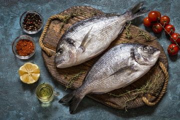 Dorado fish with fresh vegetables, cherry tomatoes and greens on a blue background