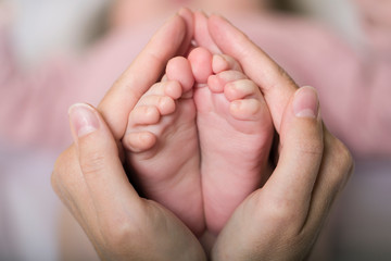 Obraz na płótnie Canvas Newborn baby feet mother hands in heart , concept tenderness care mom dad love