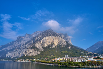 Panoramic view of Lake Como, the city of Lecco. Aerial view. Autumn season