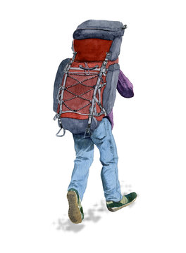 Picture of a tourist with a backpack  (the view from the back) hand drawn in watercolor isolated on a white background. Watercolor illustration.