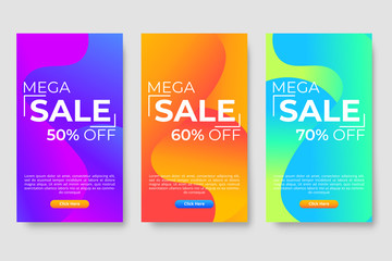 Set of three modern gradient liquid design for mega sale banners. Sale banner template design, social media banner template, voucher, discount, season sale
