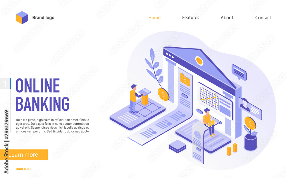 Poster online banking landing page vector template. internet money management system website homepage inter