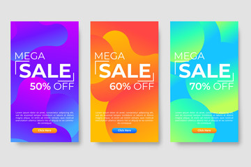 Set of three modern gradient liquid design for mega sale banners. Sale banner template design, social media banner template, voucher, discount, season sale