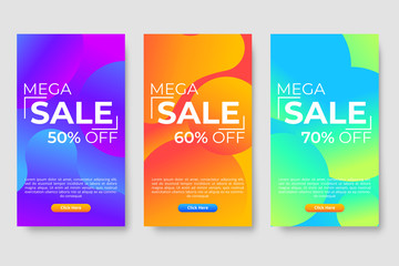 Set of three modern gradient liquid design for mega sale banners. Sale banner template design, social media banner template, voucher, discount, season sale