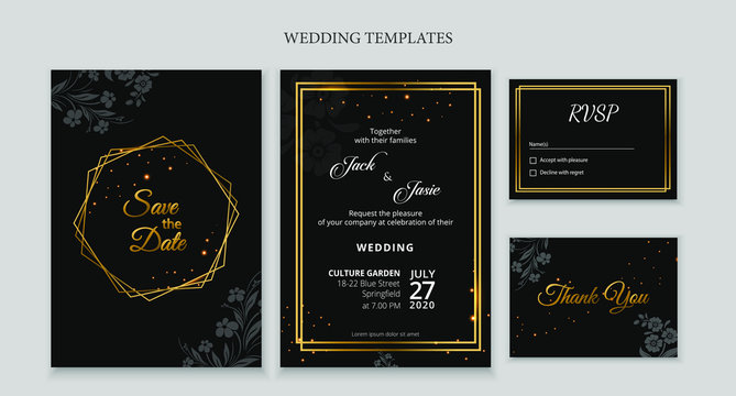 Set Wedding Invitation Card Template with black background and gold frame