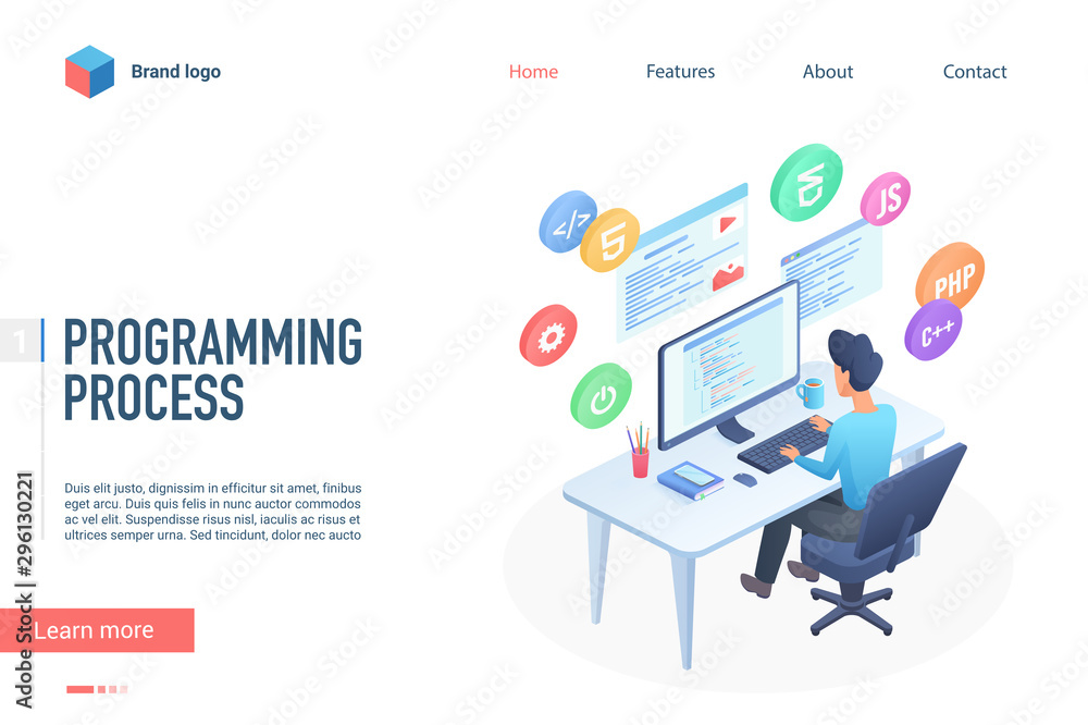 Aufkleber Programming process landing page vector template. Software engineering website homepage interface layout with isometric illustration. Program development education web banner, webpage 3D concept