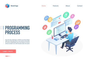 Programming process landing page vector template. Software engineering website homepage interface layout with isometric illustration. Program development education web banner, webpage 3D concept