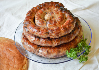 Homemade sausage and flat bread