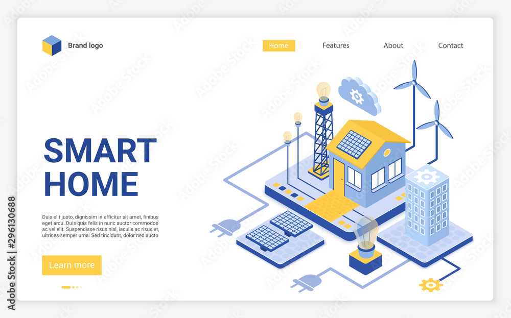 Poster smart home landing page vector template. modern eco friendly technology website homepage interface l