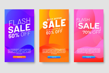 Set of three modern gradient liquid design for mega sale banners. Sale banner template design, social media banner template, voucher, discount, season sale