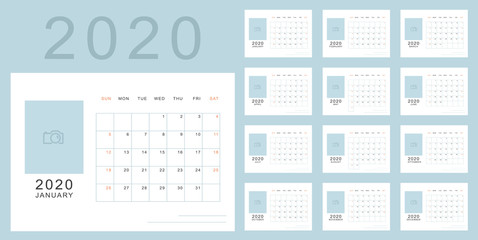 Simple minimalistic calendar of new 2020 year in light blue colors with place for photo. Week starts in Sunday, twelve month calendar. Work and holiday events planner, block-almanac template